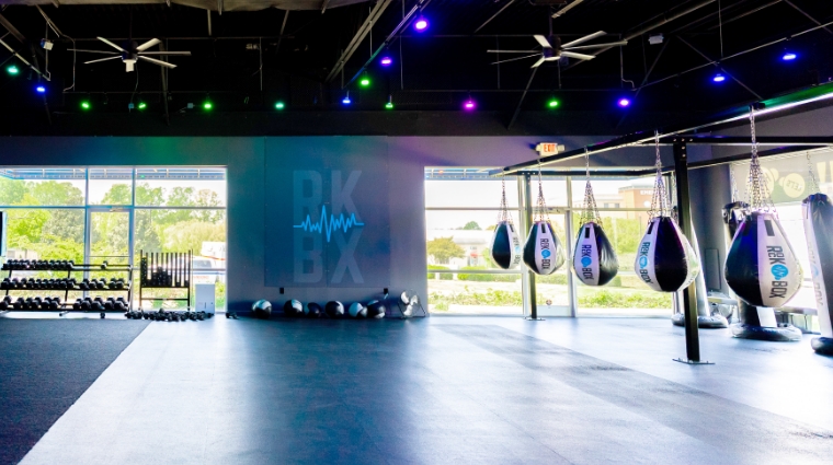 rockbox branded tear drop punching bags and heavy weight punching bags inside the studio